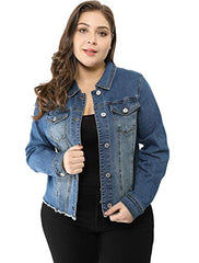 Agnes Orinda Women's Plus Size Classic Washed Front Frayed Denim Jacket