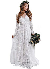 Women's Boho Lace Wedding Dress Long Sleeves V-neck A-line Beach Country Wedding Bridal Gown