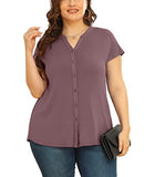 Mauve Women's Plus Size Short Sleeve Shirt Button Down V Neck Tops Casual Blouses with Procket - TIANZHU | Women's Tops and Blouses