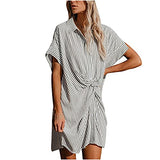 Ladies Summer Casual Button Slim Tie Striped Shirt Short Sleeve Mini Dress UK Size Evening Gowns Work Maxi Dress | Women's Work Dresses