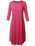 Women's Missy Casual Loose Fit Solid Viscose 4-mar Sleeve Round Neck Midi Dress