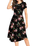 Rose Black Summer Polka Dot Casual Midi Tunic Short/Long Sleeve Plain Dress Pleated Loose Flowy Floral Ladies Dress with Pocket - YUNDAI | Women's Casual Dresses