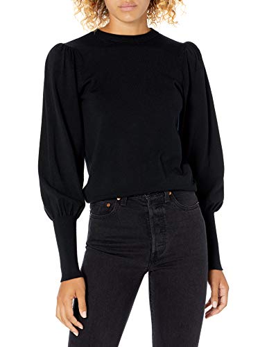 Pleated Shoulder Balloon-Sleeve Crewneck Sweater