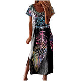 Vintage Beach Dresses for Women Flowy Ethnic Printed Casual Loose Crewneck Short Sleeve Side Slit Dresses Maxi Dresses | Original Brand