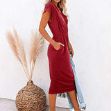 Ladies O-Neck Mid-Caif Short-Sleeved Slim-Fit Split Pocket Bottoming Dress Bodycon Dress Office Wear for Casual Club Cocktail Evening Gowns Work UK Size 8-26 | Women's Work Dresses