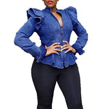 ECHOINE Women Casual Denim Jacket - Long Sleeve Zip Ruffle Shoulder Jean Jackets Peplum Coat Plus Size