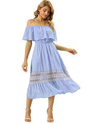 Allegra K Women's Off Shoulder Ruffle Lace Insert High Waist Short Sleeve Flowy Midi Dress | Women's Casual Dresses