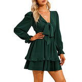 Women Tie Front Elastic Waist Tiered Ruffle Layer Floral Balloon Long Sleeve V-Neck A-Line Mini Dress