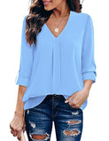 Light Blue Womens 3/4 Cuffed Sleeve Chiffon Printed V Neck Casual Blouse Shirt Tops - Youtalia | Women's Tops and Blouses