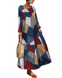 KIDSFORM Women Casual Loose Dress Vintage Long Sleeve Maxi Dresses Cotton Linen Oversize Printed Autumn | Women's Casual Dresses