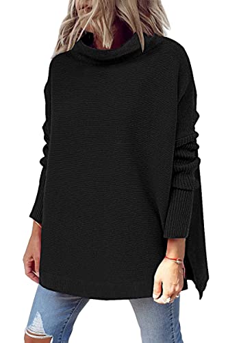 Women's Turtleneck Casual Tops Long Batwing Sleeve Spilt Hem Ribbed Knit Pullover Sweaters