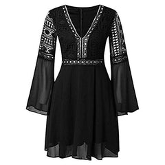 Lace Dresses For Women Crochet High Waisted Solid Color Elegent Dress Deep V Neck Ruffle Long Sleeve Mini Dress