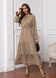 Women's Long Sleeve Crew Neck Maxi Dress Solid Color Tie Neck Casual High Waist Ruffle Hem Boho Flowy Long Dress | Women's Evening Gowns