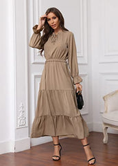 Women's Long Sleeve Crew Neck Maxi Dress Solid Color Tie Neck Casual High Waist Ruffle Hem Boho Flowy Long Dress