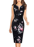 Black Floral Print Womens Front Zipper Slim Work Office Business Cocktail Party Pencil Dress Vfshow | Women's Work Dresses