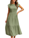 Green Summer Smocked Dress Flutter Short Sleeve Crewneck Elastic Waist Tiered Midi Dresses - WISFRUIT | Women's Casual Dresses