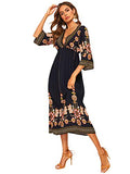 Women's Floral Print Deep V Neck 4-Mar Sleeve A-Line Bohemian Tribal Boho Midi Dress