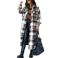 Ainangua Women's Casual Wool Blend Long Plaid Shirt Jacket Button Down Pocketed Shirt Shacket (Gray, XS) | Women's Casual Dresses