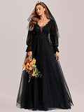 Women's V Neck Maxi Long Sleeves See-through Sexy Lace Black Wedding Dress For Bride 90336 | Women's Lace Dresses