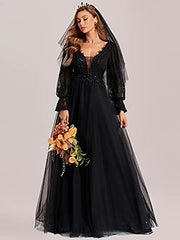 Women's V Neck Maxi Long Sleeves See-through Sexy Lace Black Wedding Dress For Bride 90336