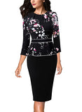 Multi Floral Print And Black Womens Pleated Crew Neck Peplum Wear To Work Office Sheath Dress Vfshow