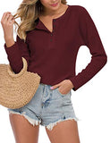 WNEEDU Women's Long Sleeve Waffle Knit Tunic Blouse Casual Button Up Henley Shirts Plain Tops Wine Red M | Women's Sweaters