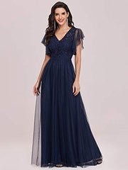 Womens V Neck Lace Sleeve A Line Formal Party Dress 0226