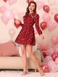 Women's Valentine's Day Heart Pattern Doll Collar Lace Decor Long Sleeve Dress | Original Brand