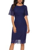 Short Navy Women's Short Sleeve Lace Floral Cocktail Dress Crew Neck Knee Length for Party - MEROKEETY | Women's Cocktail Dresses