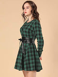 Women's Plaids Long Sleeves Button Down Belted Party Mini A-Line Shirt Dress