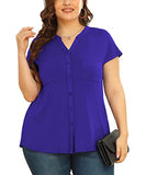 Royal Blue Women's Plus Size Short Sleeve Shirt Button Down V Neck Tops Casual Blouses with Procket - TIANZHU | Women's Tops and Blouses