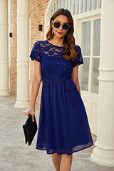 Women's Scooped Neckline Floral Lace Top Cocktail Bridesmaid Party Midi Dress My058