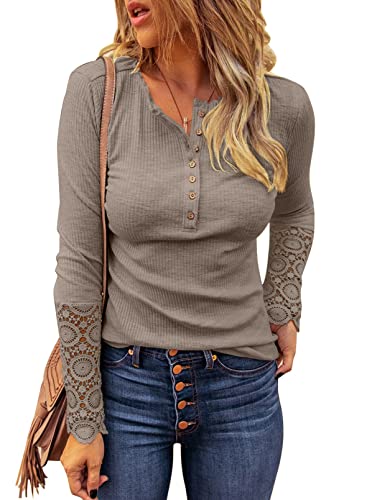 BTFBM Women Long Sleeve V Neck Button Up Solid Tops Blouses Trendy Slim Fit Lace Sleeves Ribbed Knit Casual Shirts Tunic(Lace Dark Khaki, Large) | Women's Casual Dresses