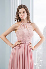 Women's Halter Lace A-line Chiffon Floor-length Bridesmaid Dress