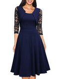 MIUSOL Women's Square Neck Contrast Lace Swing Party Dress New Navy Blue Large