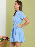 Women's Cotton Button Down Shirt Dress Ruffle Collar Neck Belted Hem Short Sleeve Casual Above Knee Shirtdress