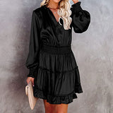 Women's Dress Sweet & Cute Dress Ladies Casual V-Neck Long Sleeve Solid Ladies Patchwork Mini Dress Fancy Cocktail Dress Party Dress Maxi A-line Dress