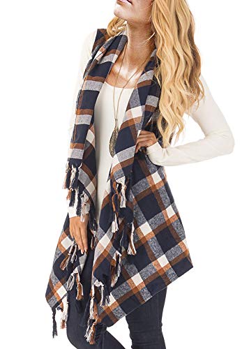 Womens Sleeveless Plaid Asymmetrical Hem Tassel Drape Open Front Cardigan Vest