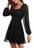Women's Polka Dots Square Neck A Line Long Sleeve Swiss Dots Mini Dress | Women's Cocktail Dresses