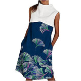 Summer Dress for Women Casual Turtleneck Sleeveless Patchwork Pocket Print Dress Loose Fit Daily Knee Length Dresses | Original Brand