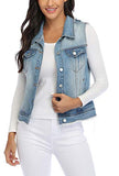 MISS MOLY Women’s Sleeveless Cotton Denim Vest Classic Washed Button Up Casual Jean Jacket w 2 Flap Pockets