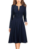 Navy Blue And White Striped Womens Elegant Front Zipper Slim Work Business Office Party Cocktail A-line Dress Vfshow