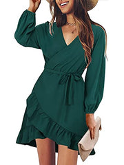 BeLuring Women's Summer Wrap Short Dress V Neck Long Sleeve Ruffle Dresses | Women's Casual Dresses