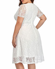 Women Plus Size Lace Wedding Guest Cocktail Graduation Formal Wrap V Neck Short Sleeve Midi Dresses