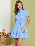 Women's Cotton Button Down Shirt Dress Ruffle Collar Neck Belted Hem Short Sleeve Casual Above Knee Shirtdress