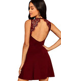 Women's Sleeveless Lace Applique Cocktail Backless Party Flare Mini Dress