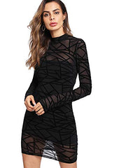 Women's See Through Mesh Long Sleeve Stretch Bodycon Dress Without Camisole