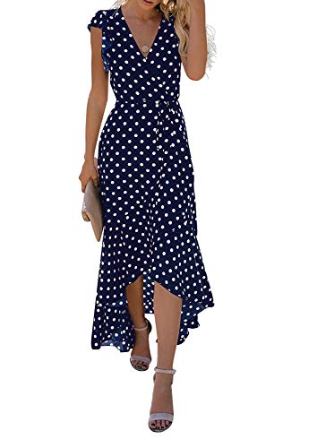 Polka Dots Navy Blue  Women's Summer Floral Print Cross V Neck Dress Bohemian Flowy Long Maxi Dresses - GRECERELLE