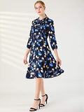 Women's Floral Tie Neck 3/4 Sleeve Work Midi Flowy Flare Dress | Original Brand