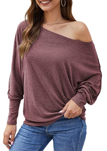 Aifer Women's Off The Shoulder Top Casual Loose Oversized Shirts Sexy Fall Long Sleeve Tunic Tops Burgundy Sweater | Women's Sweaters